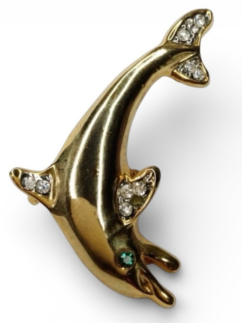 Vintage Gold‑Tone Dolphin Brooch – Green Rhinestone Eye - Playful & Coastal - Picture 7 of 9